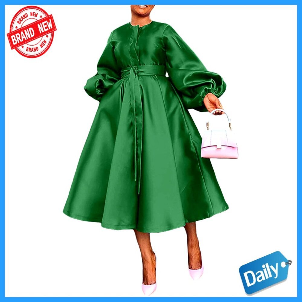 Satin Long Sleeve A Line Maxi Dress Elegant Semi Formal Fit with Pockets